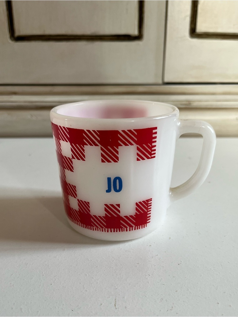 Vintage Westfield Milk Glass Mug "JO" Red Gingham Checkered Coffee Cup Heat Proo